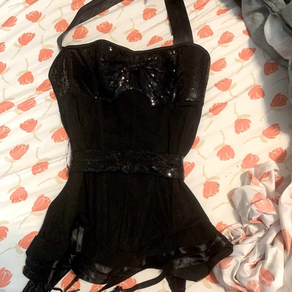 Halter top corset with waist tie and upper sequins